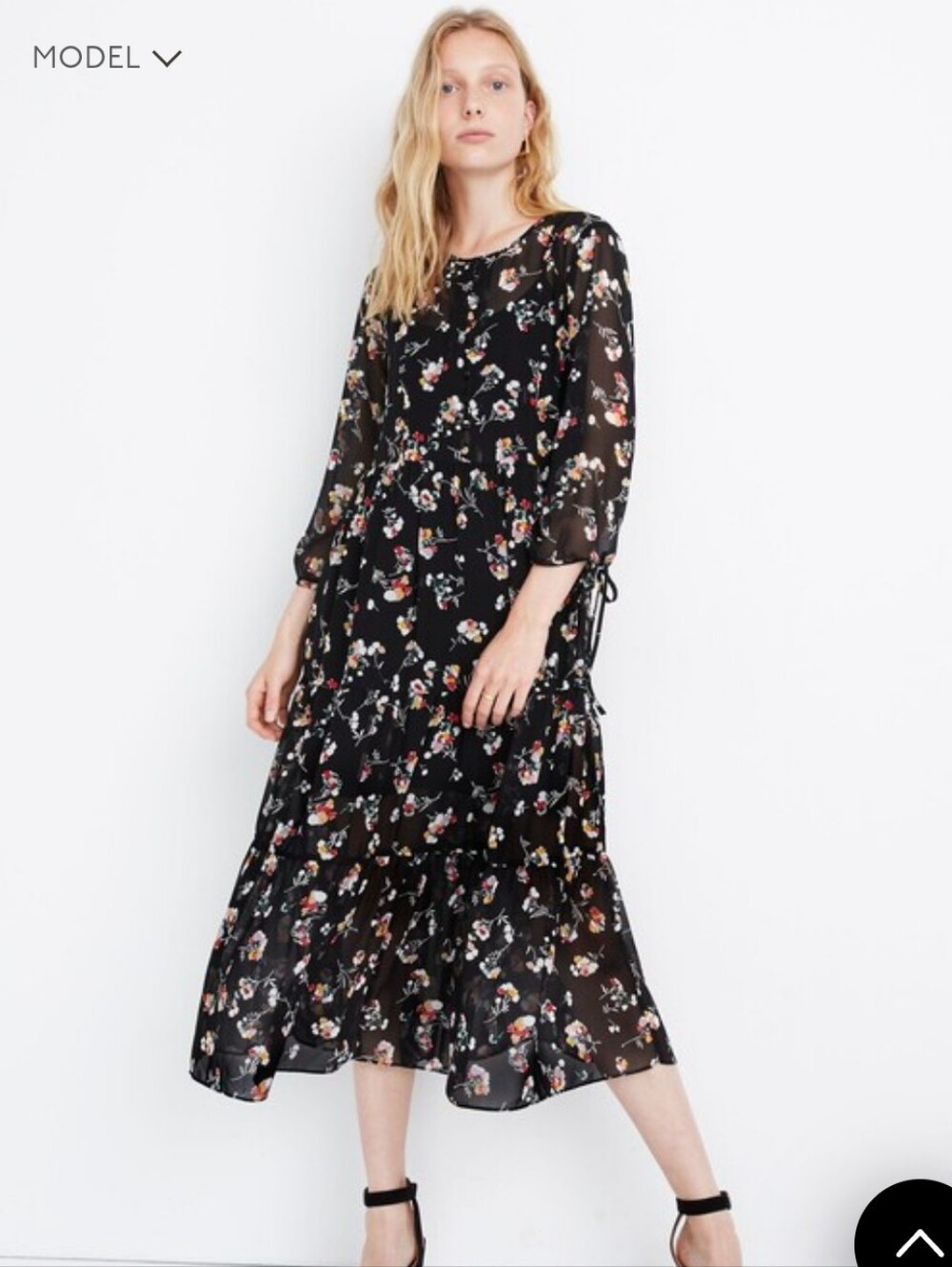 Madewell Black Floral Tie-Sleeve Tiered Midi Dress
